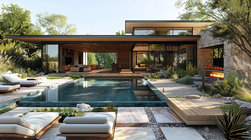 Une maison luxueuse avec une piscine, des bains de soleil et une cheminée extérieure.