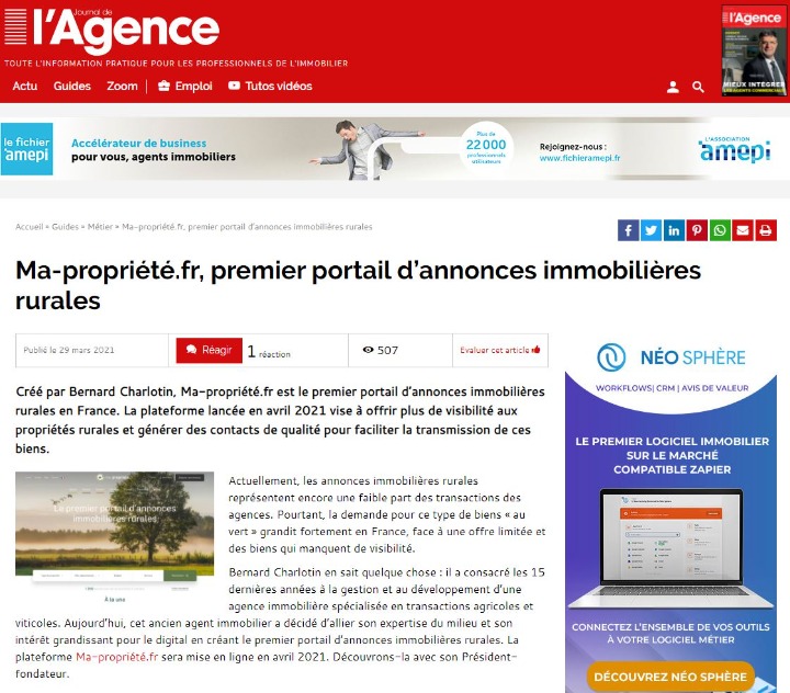 article Le Journal de l'Agence - 29 mars 2021 - ma-propriete.fr