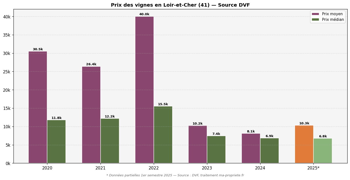 Prix des vignes en Loir-et-Cher (41) selon les données DVF 2020-2025