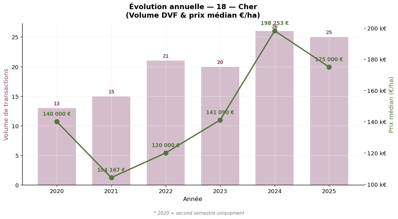 Évolution annuelle du volume et du prix médian des vignes dans le Cher 2020-2025